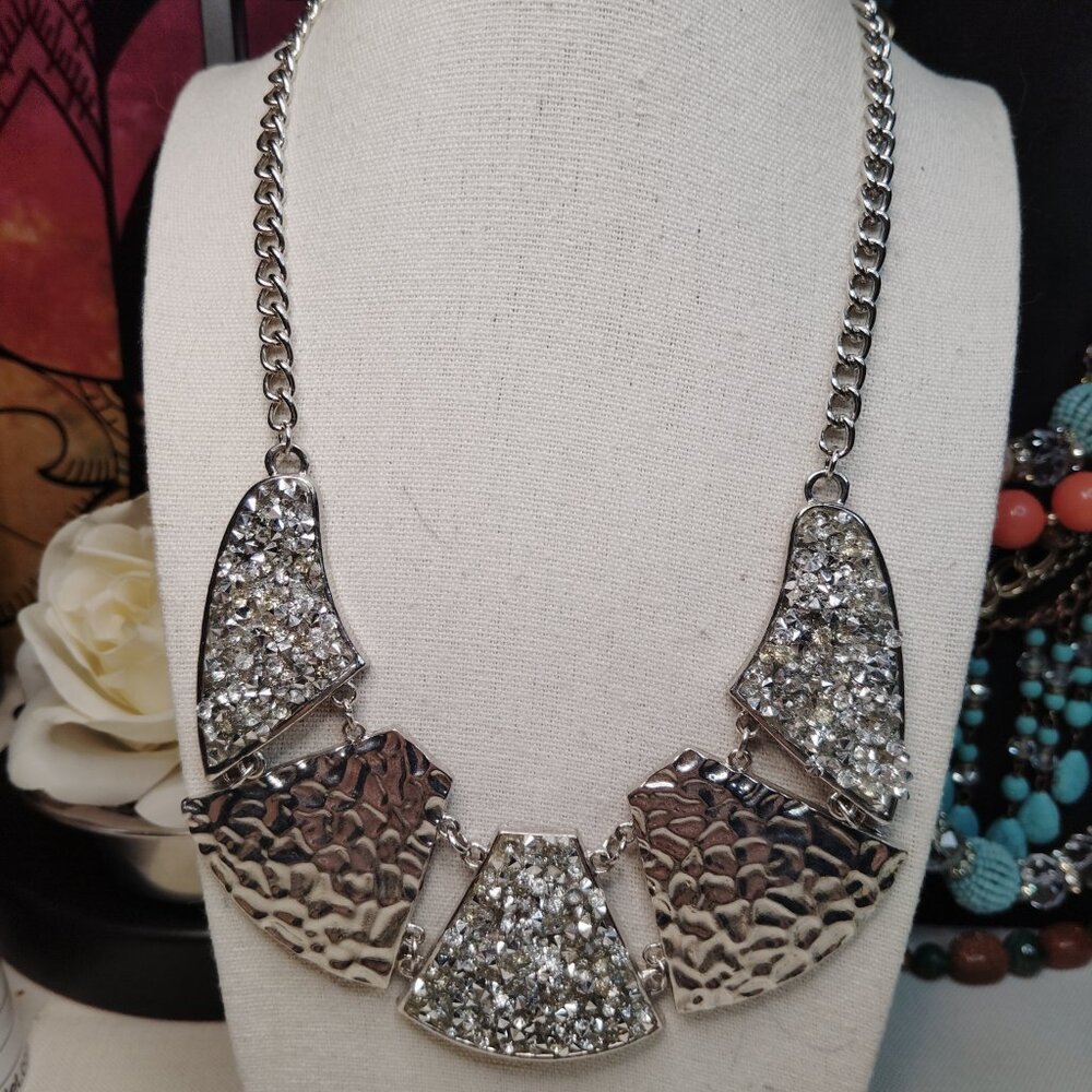 Silver Tone Statement Bib Necklace Rhinestone Hammered Metal